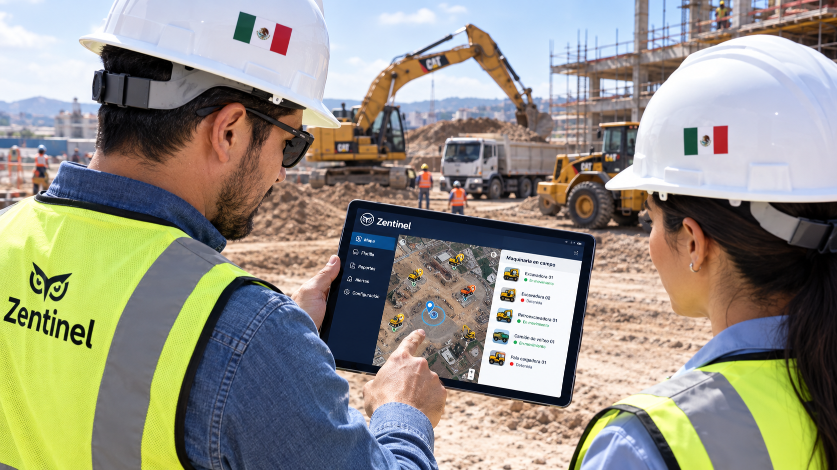 Dos ingenieros con chalecos y cascos que llevan la insignia de México, monitorean una obra de construcción usando una tableta con una cartera de maquinaria y actividades en movimiento, con maquinaria de campo y edificios en construcción en el fondo.