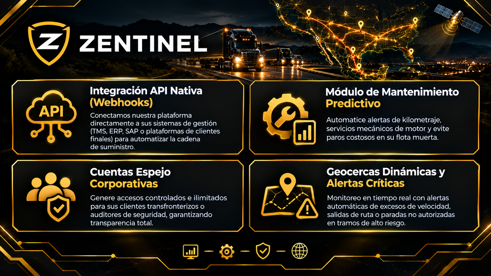 Presentación digital de Zentinel que muestra características de su plataforma tecnológica, incluyendo integración API, módulo predictivo, cuentas corporativas y geocercas con alertas críticas.
