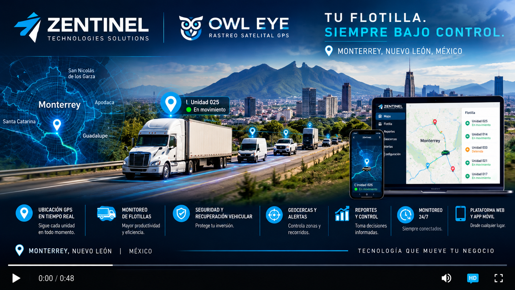 Publicidad de tecnologías de rastreo satelital para flotas de vehículos en Monterrey, Nuevo León, México, mostrando un mapa con unidades en movimiento, una pantalla de móvil y una portátil con información en tiempo real.