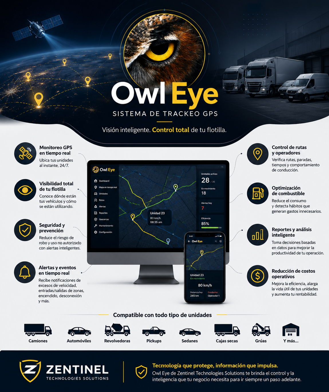 Publicidad de Owl Eye, sistema de rastreo GPS para flotas con monitoreo en tiempo real, control de rutas, optimización de combustible y reportes inteligentes, mostrando una pantalla de mapa y un teléfono con la app.