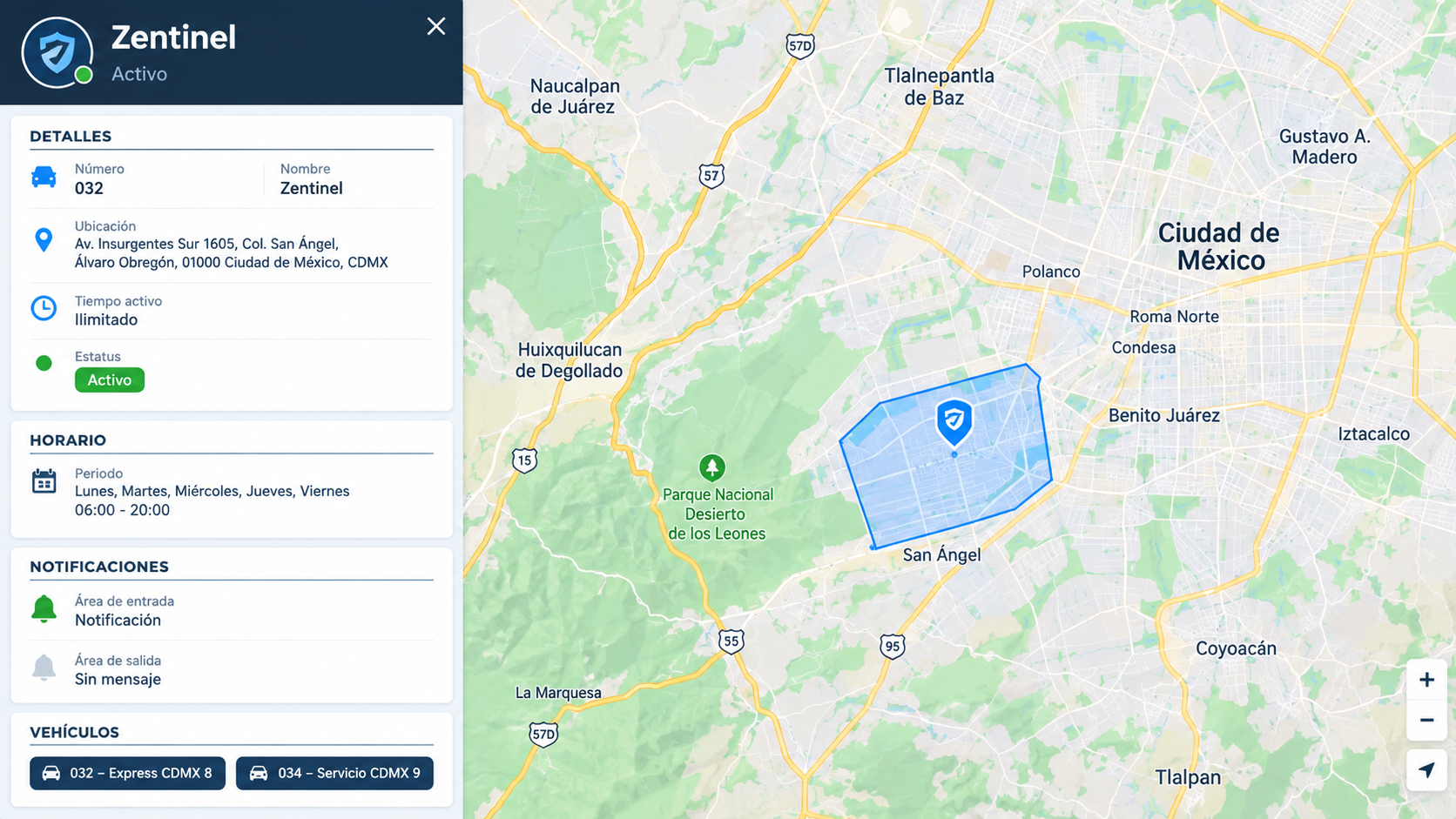Mapa de la Ciudad de México con zona de cobertura de la tarjeta de transporte Zentinel destacada en azul, ubicada en la zona de San Ángel. Panel informativo a la izquierda muestra detalles de la tarjeta, incluyendo número, nombre, ubicación, estado activo, horario de servicio y notificaciones, con iconos de vehículos de transporte en la parte inferior.