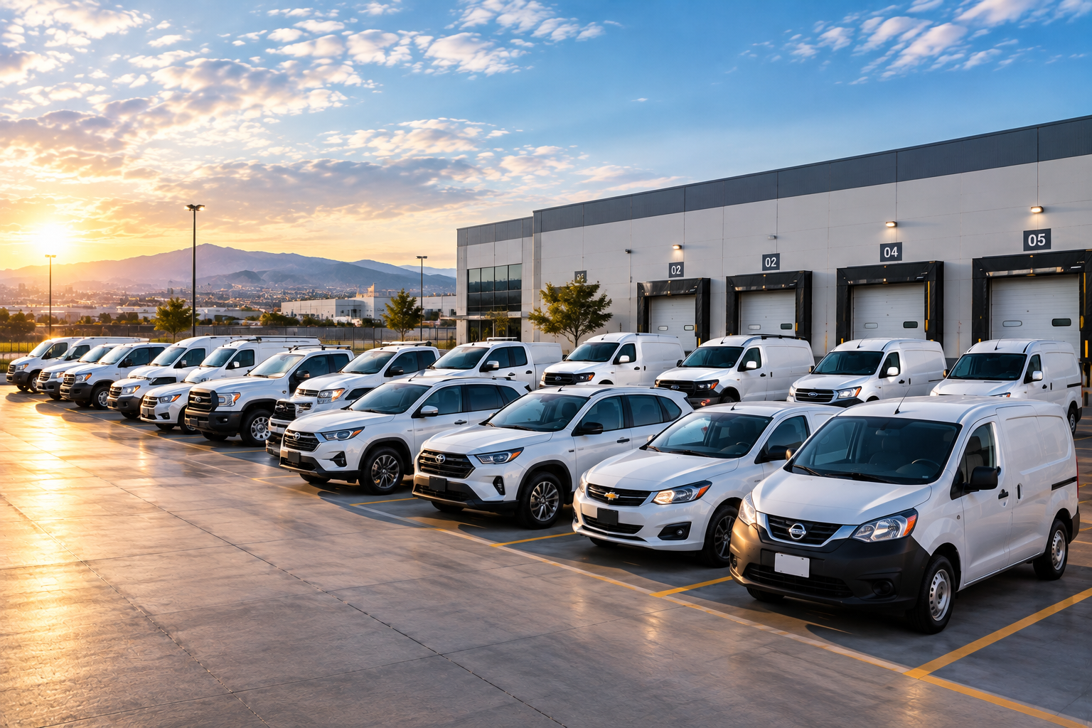 Parque de vehículos con varias camionetas y vans blancas en un estacionamiento al atardecer, con un edificio de almacén y montañas de fondo.