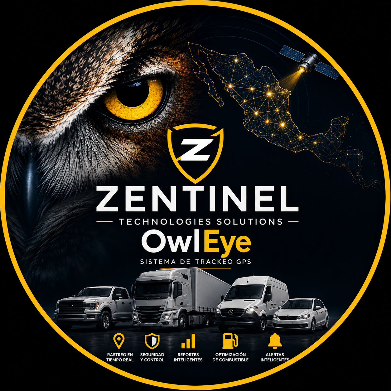 Logotipo de Zentinell con un diseño de un ojo de halcón y un mapa de México con una red de conexiones, acompañado de imágenes de camiones y vehículos. Texto en español que describe soluciones de tecnología, sistemas de rastreo GPS, y funciones de seguridad y control, reporte inteligente, optimización de combustible y alertas inteligentes.