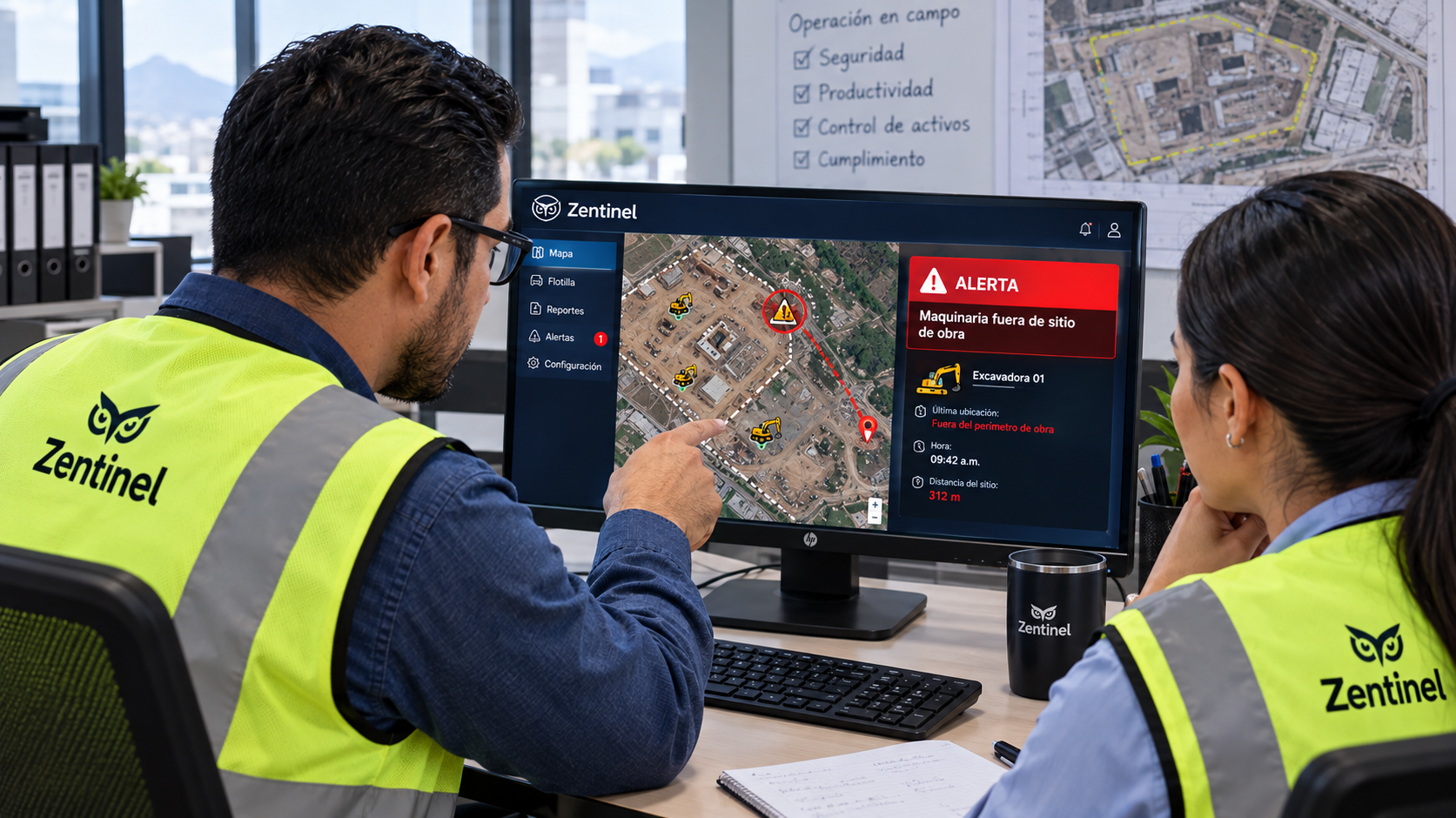 Dos personas con chalecos de seguridad amarillos con el logo de Zentinel, revisando un mapa en una pantalla de computadora con una alerta de maquinaria fuera de la zona de construcción.