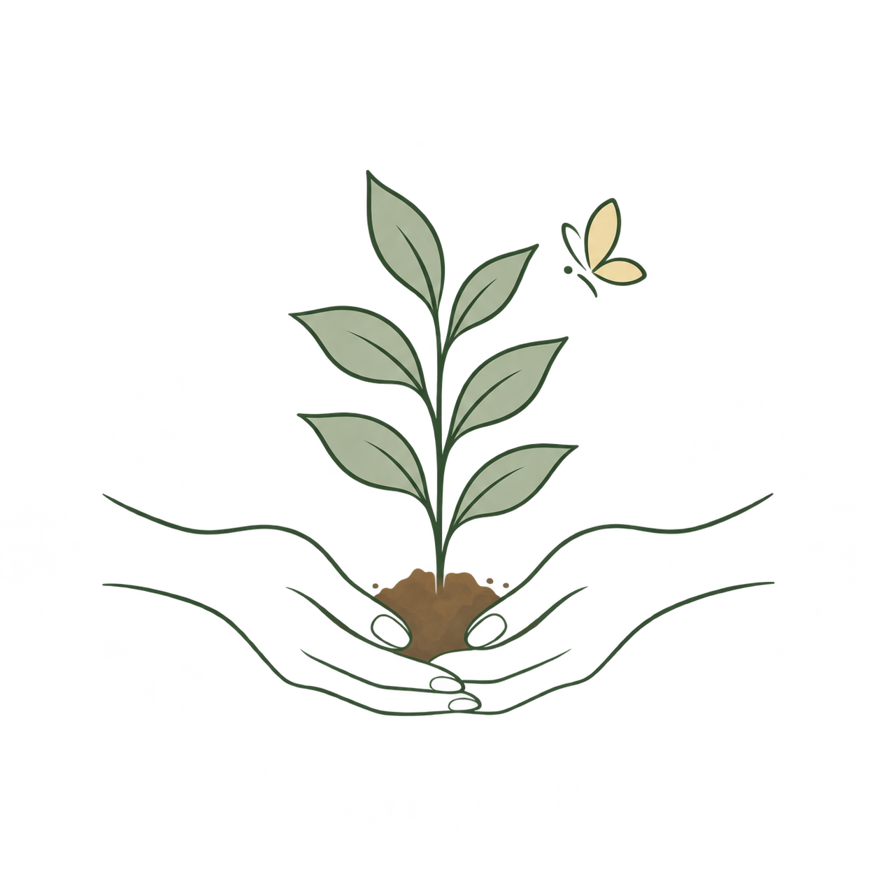 Illustration of a hand holding a plant with green leaves, and a butterfly nearby.