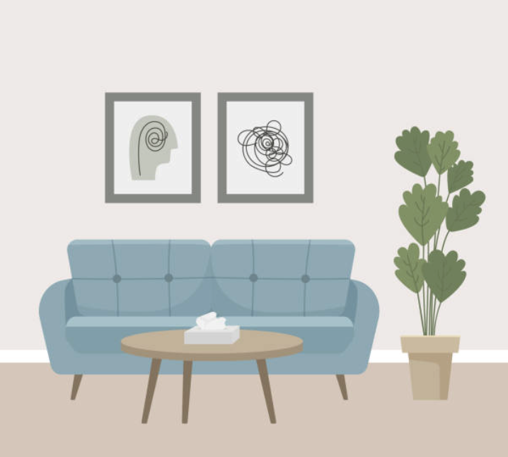 Illustration of a modern living room with a blue sofa, a round wooden coffee table with tissues, a large potted plant, and two abstract art pictures on the wall.