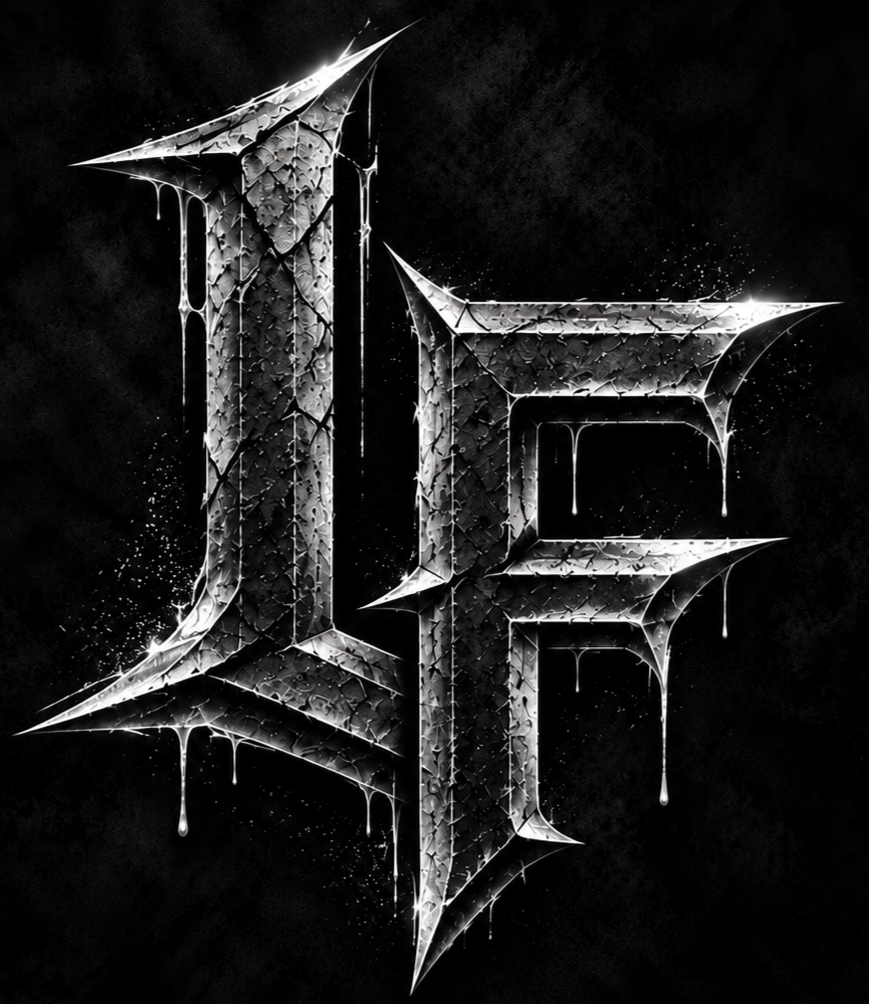 Stylized metallic logo with the letters 'L' and 'F' on a black background, with a shiny, cracked ice texture and dripping effects.