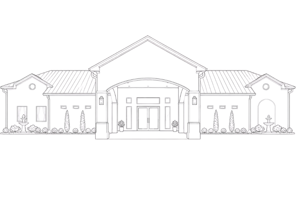 Outline drawing of a modern house with a central entrance, two wings, and landscaping with bushes and trees.