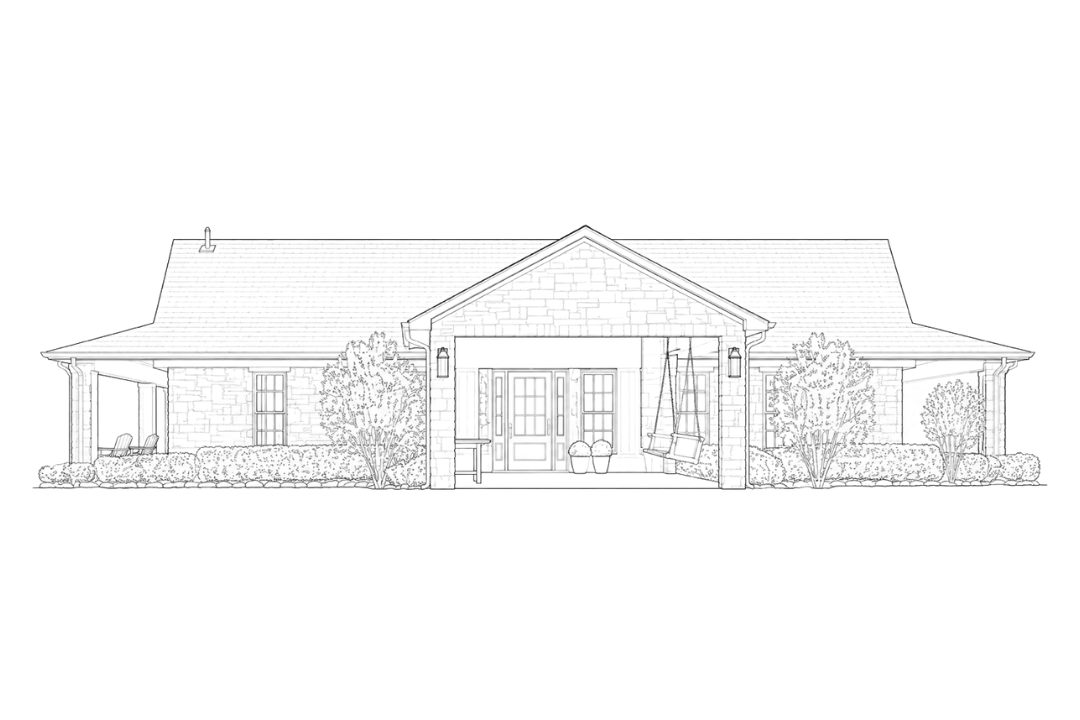 Line drawing of a single-story house with a central entryway, front porch, and landscaped bushes and trees on either side.