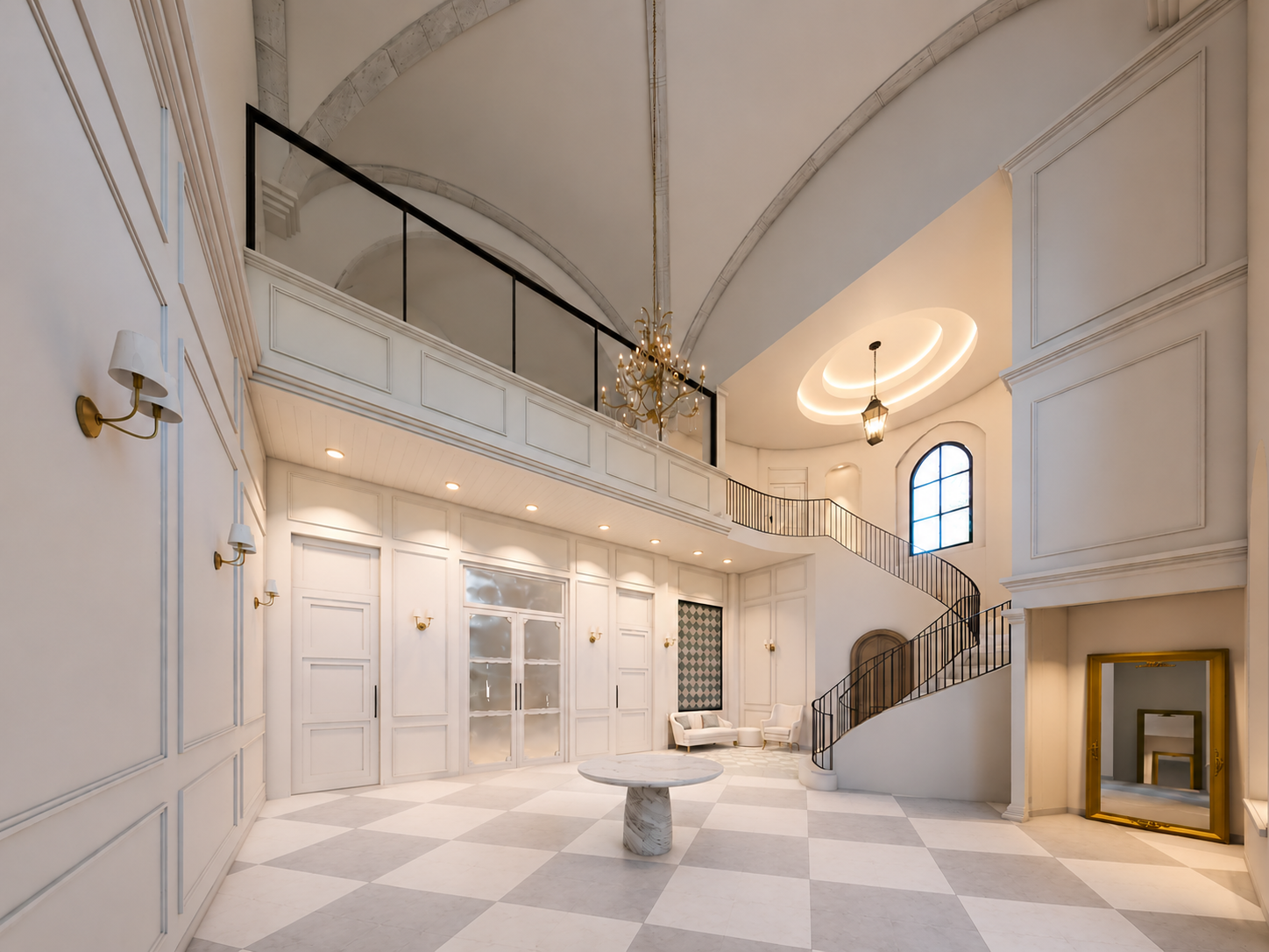 Elegant hotel lobby with white paneled walls, checkered tile floor, a spiral staircase with black railing, a chandelier, a round table, and seating area with white chairs and a side table.