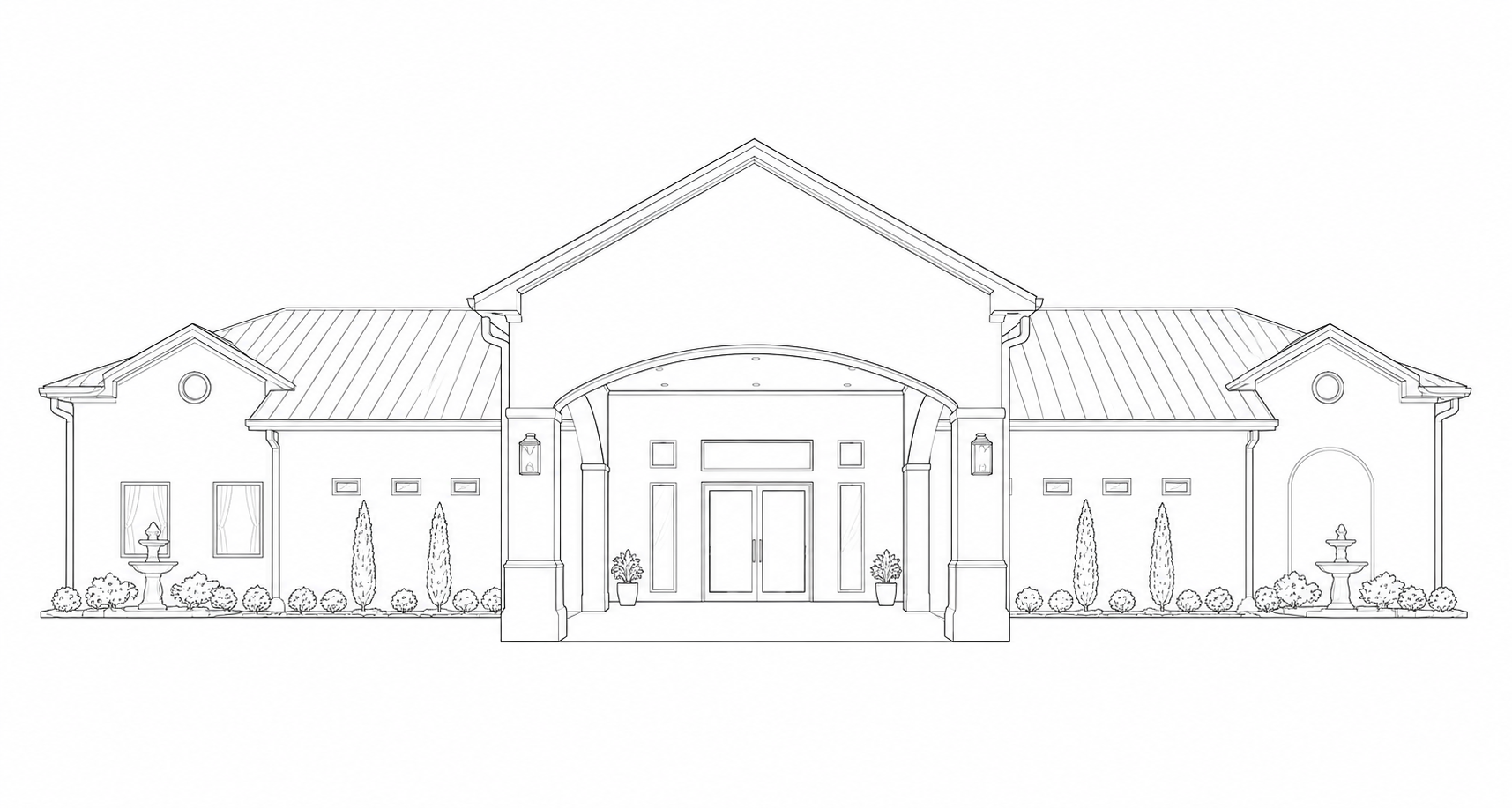 Line drawing of a large house with a peaked roof, symmetrical facade, front entrance with columns and potted plants, decorative windows, and garden with bushes and fountains.