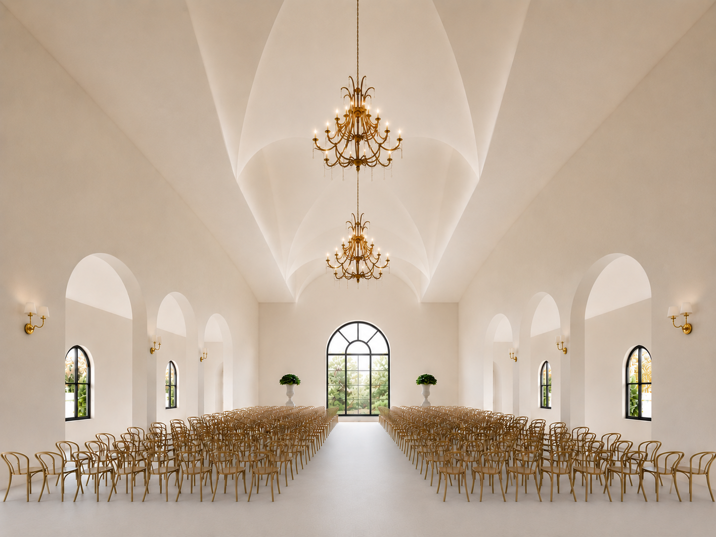 Elegant, bright wedding or event hall with high, vaulted white ceiling, large arched window at the end, symmetrical rows of wooden chairs, two large potted plants, and ornate chandeliers hanging from the ceiling.