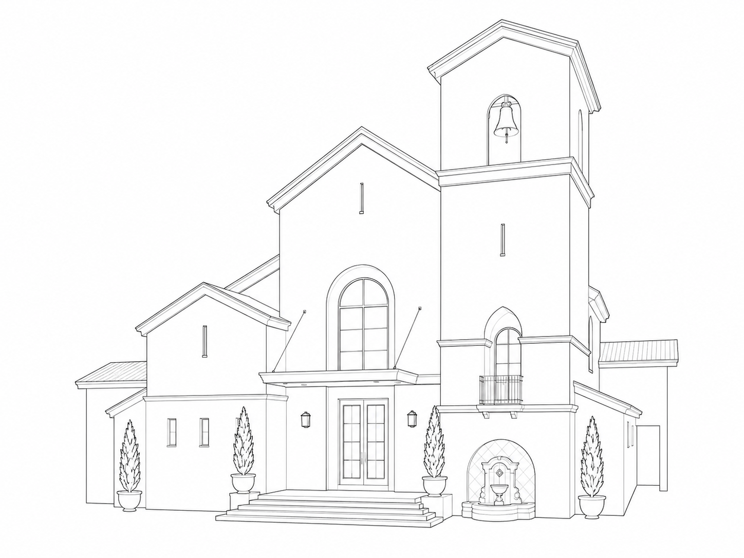 Line drawing of a large church or mission-style building with multiple gabled roofs, arched windows, and a bell tower, featuring steps, potted plants, a fountain, and outdoor lighting.