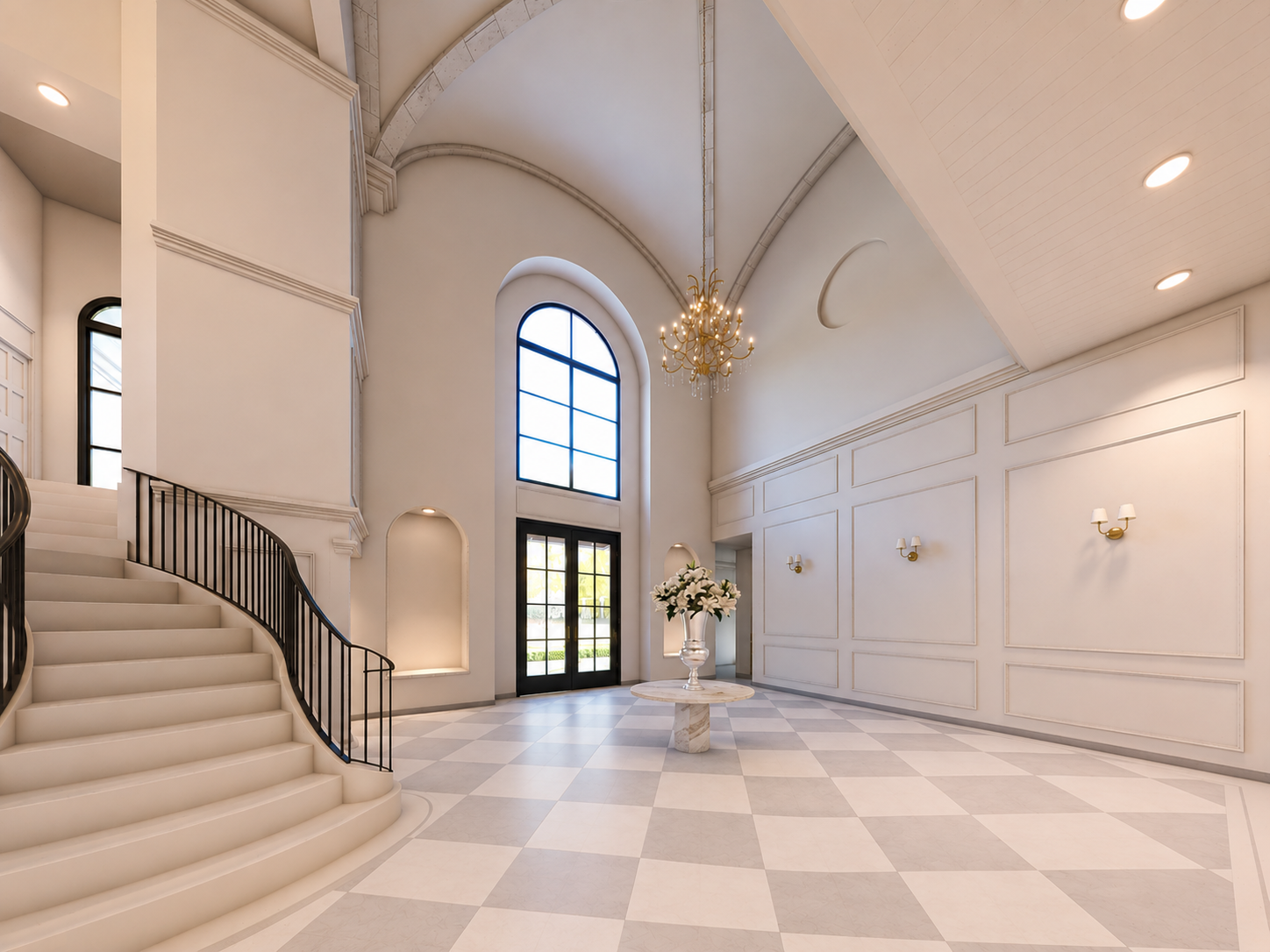 Elegant hotel lobby with white walls, large arched window, a chandelier hanging from the ceiling, a staircase with black railing, and a table with a floral arrangement in the center.