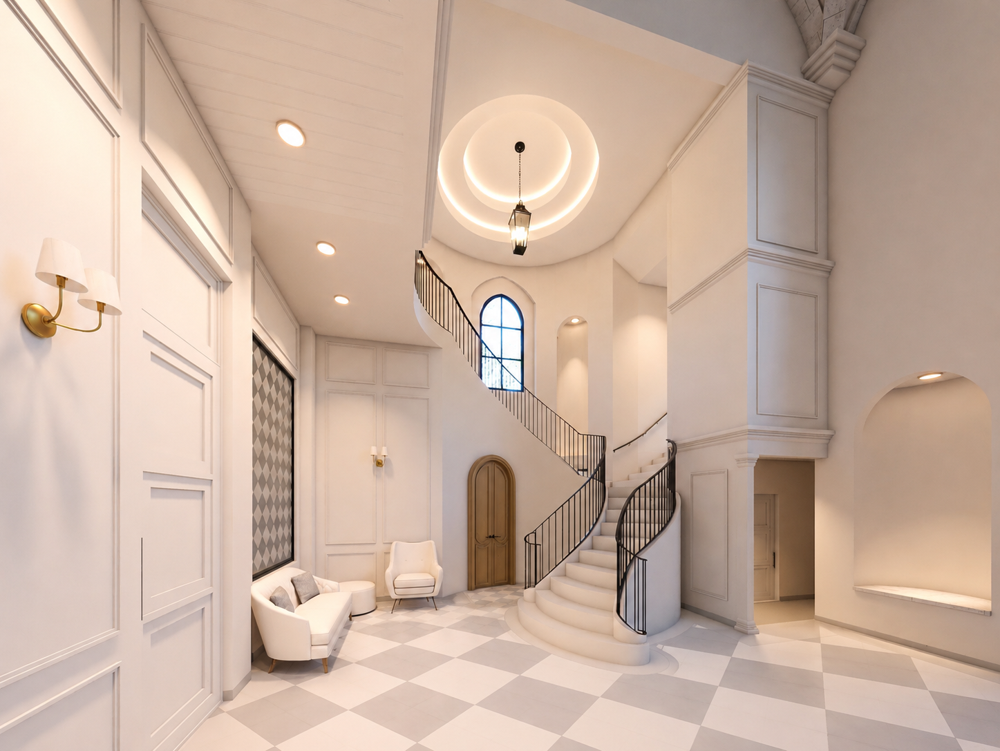 Elegant spacious entry lobby with white walls, a spiral staircase with black wrought iron railing, a large arched window, beige and white checkered flooring, and a seating area with a white sofa and armchair.