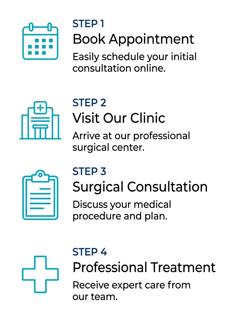 Guide outlining four steps for medical treatment: 1. Book appointment online, 2. Visit clinic, 3. Surgical consultation, 4. Receive professional treatment.