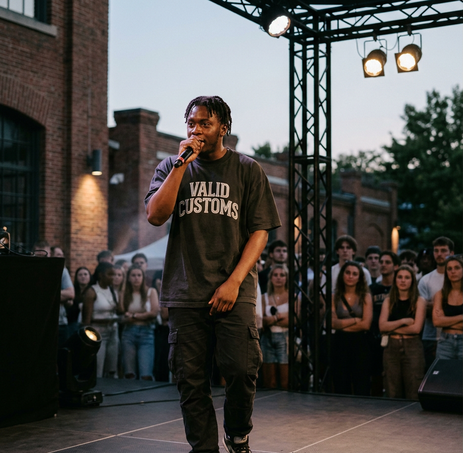 A young man in a black t-shirt with 'Valid Customs' printed on it, performing a microphone on an outdoor stage during the evening, with a crowd of young people watching.