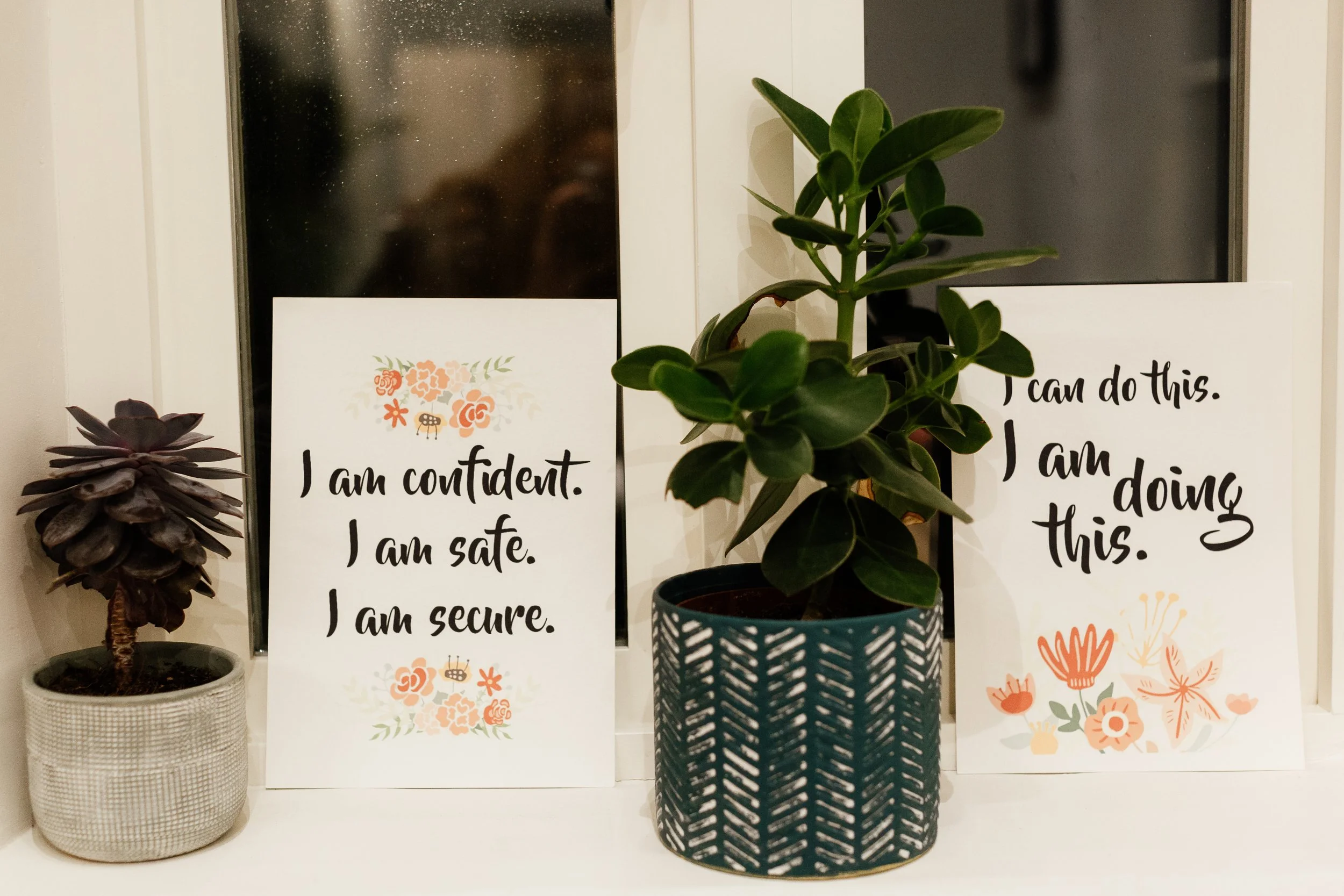 Several decorative items including potted plants and inspirational quotes on white paper with black and orange text. The plant in the foreground is in a patterned black and white pot, and there are two other smaller plants in textured pots on either side. The background features framed quotes reading 'I am confident,' 'I am safe,' and 'I am secure.'