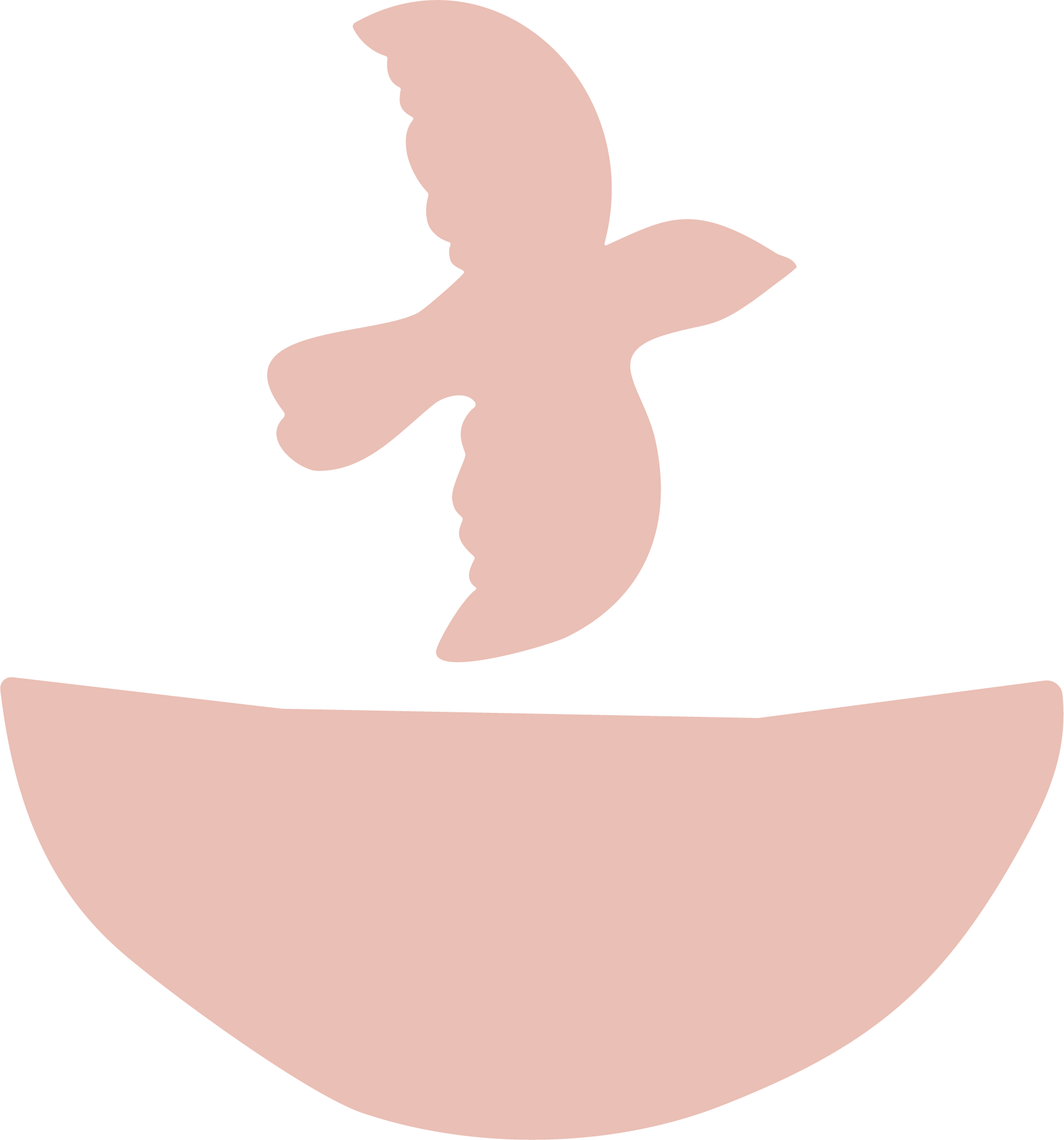 Stylized illustration of a woman with pink skin, with her eyes closed and head tilted downward, raising her hands near her face, set against a black background.