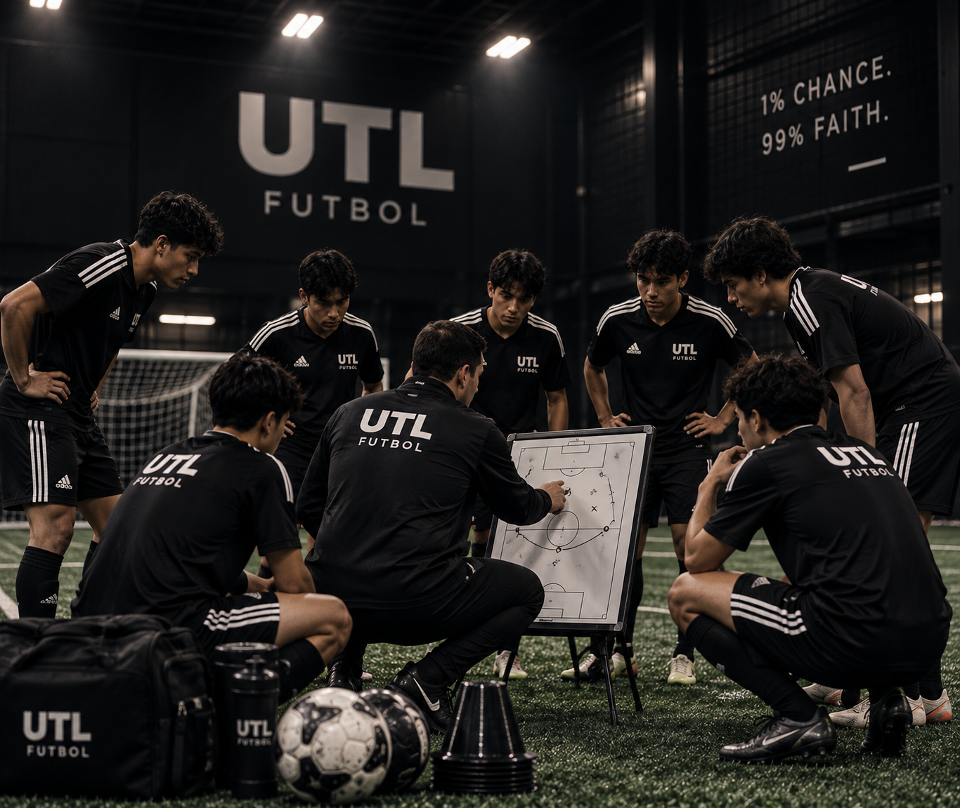 Youth soccer team gathered around a coach during an indoor training session.