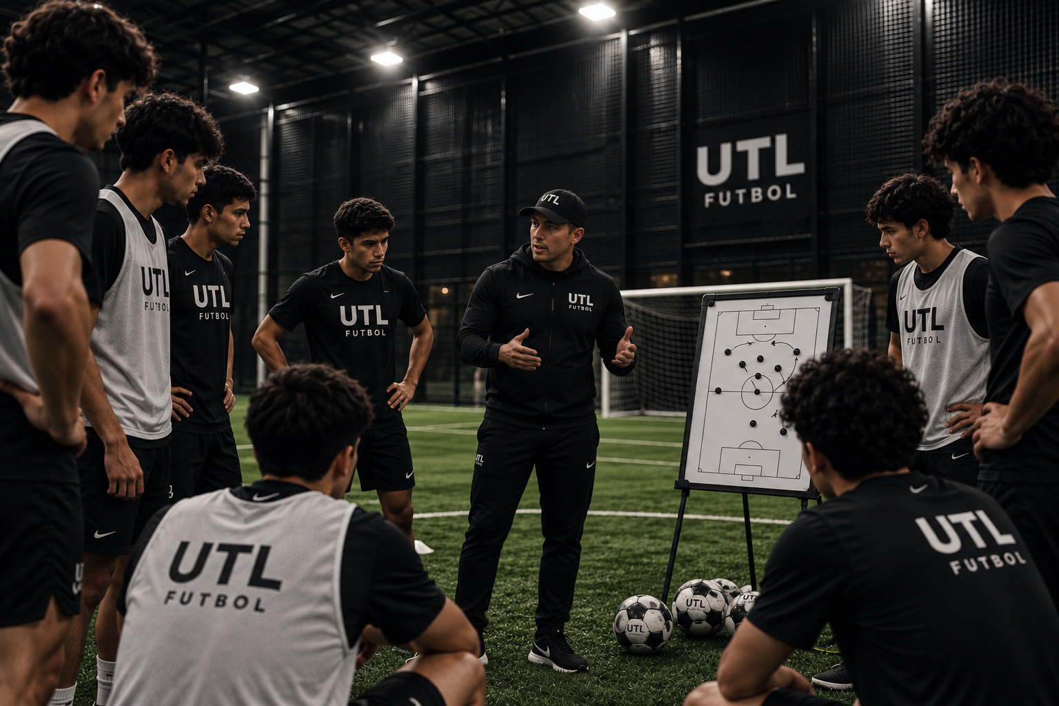 Soccer coach instructing youth players during an indoor team training session.