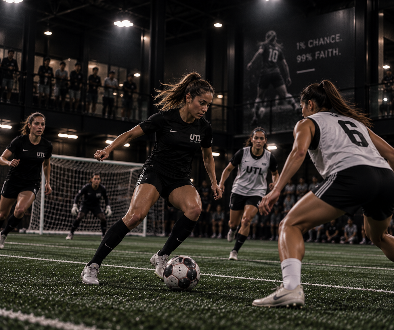 Women competing during an indoor soccer match.
