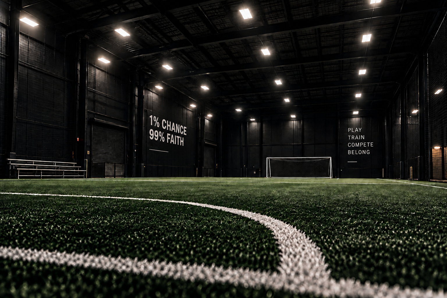 Concept image of a modern indoor soccer field for Under The Lights Futbol.