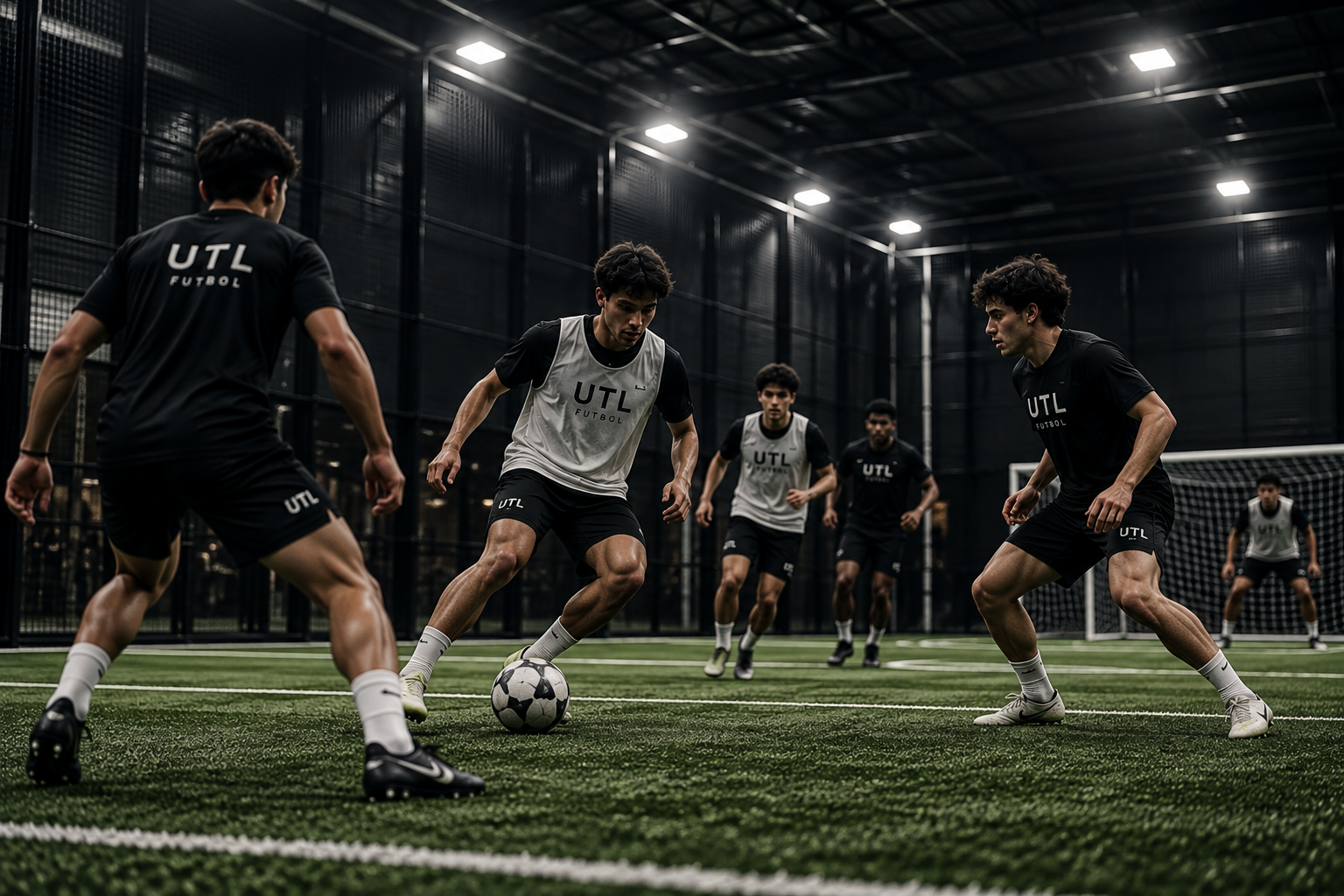Youth soccer players training together indoors in Under The Lights Futbol apparel.