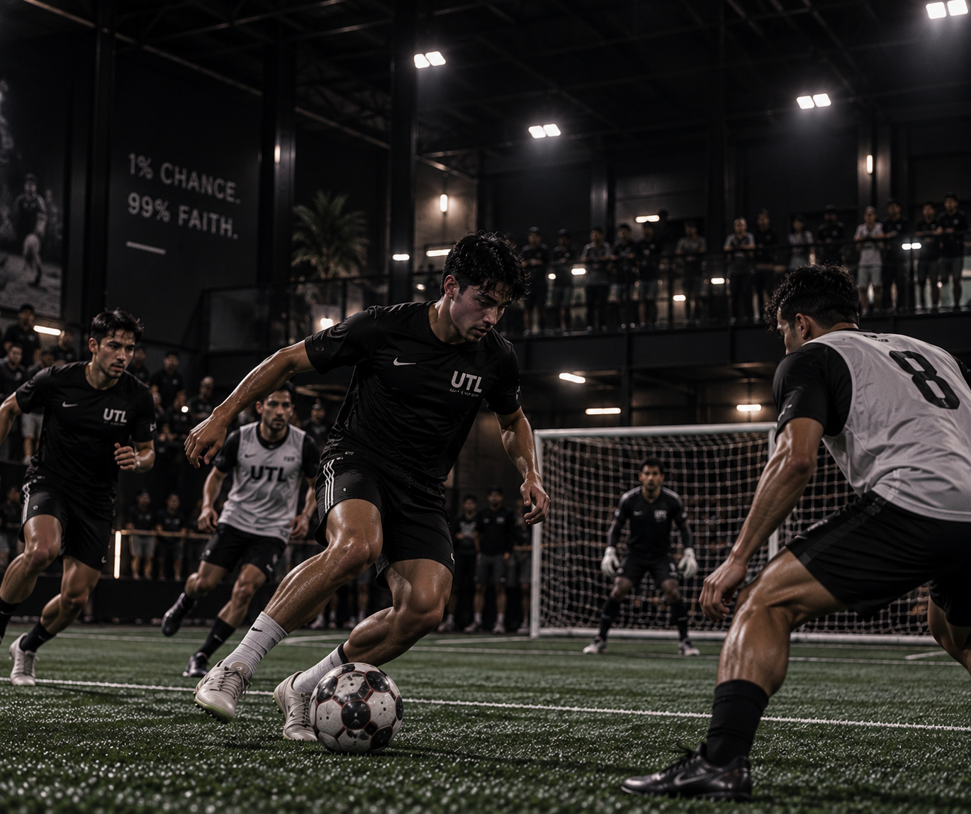 Men competing for the ball during an indoor soccer match.