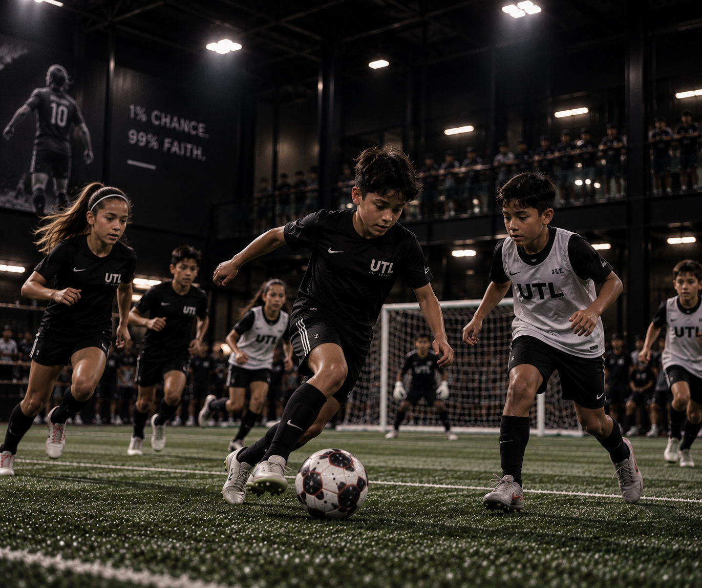 Youth soccer players competing during an indoor match.