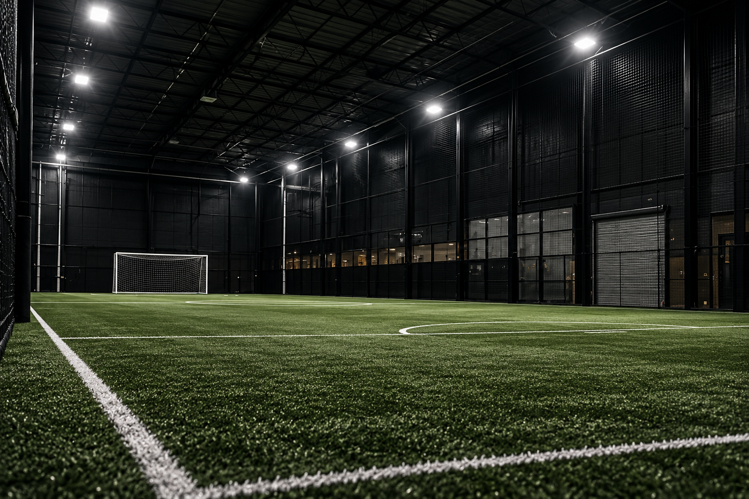 Concept image of an indoor soccer field with artificial turf, netting and overhead lighting.