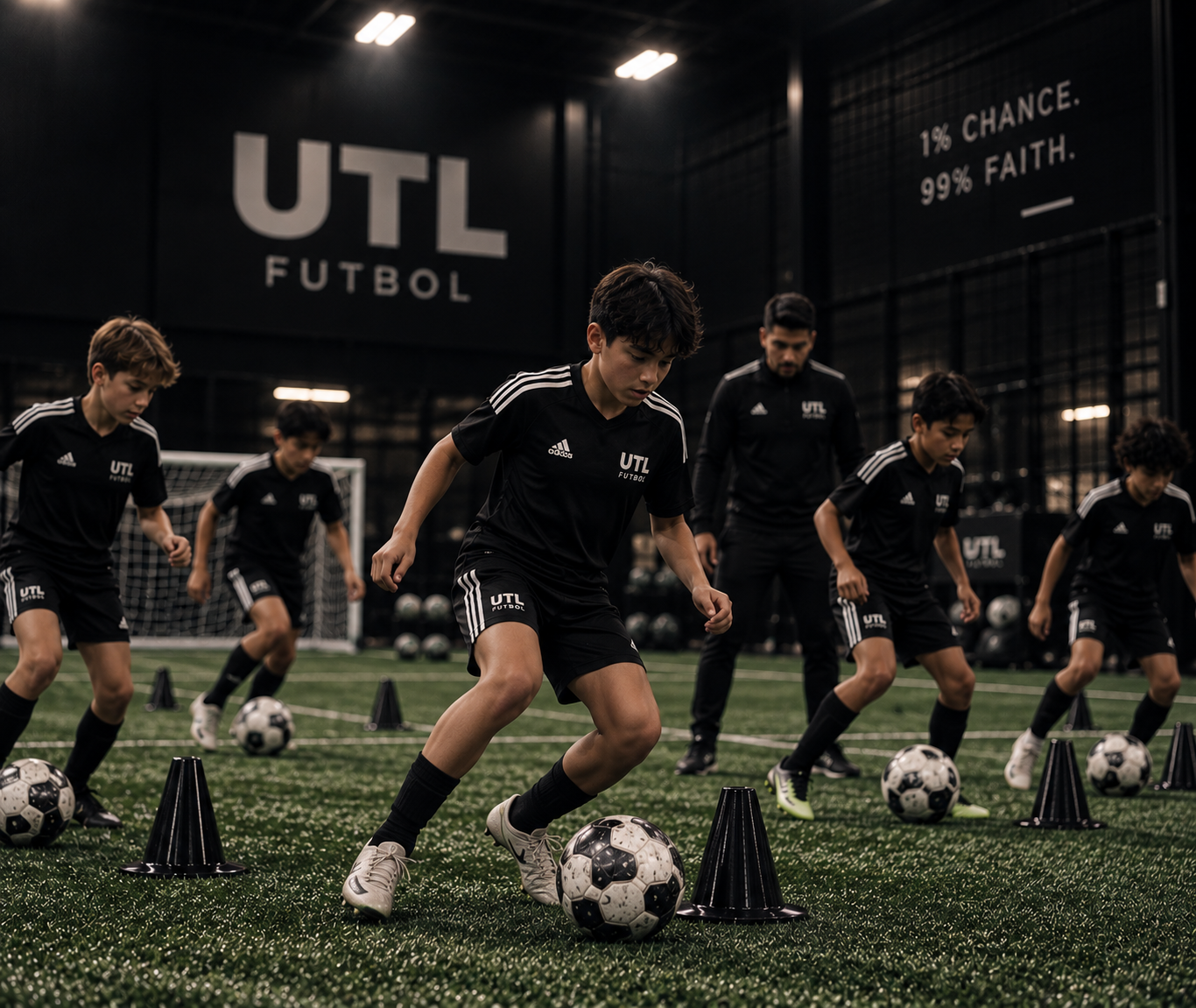 Youth soccer players practicing dribbling drills during an indoor group training session.