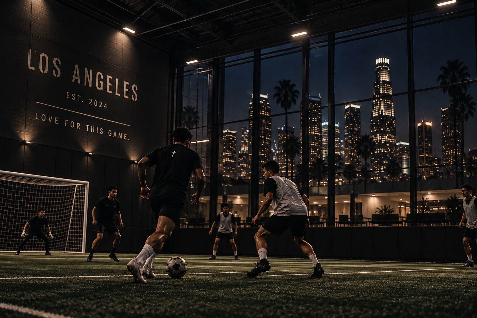 Soccer players competing in an indoor match under the lights.