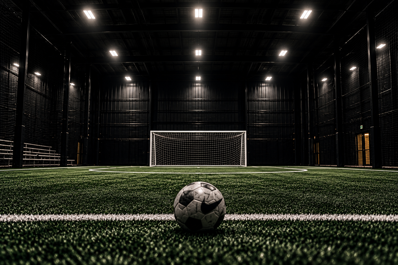 Concept image of an indoor soccer field with a ball, goal and overhead lighting.