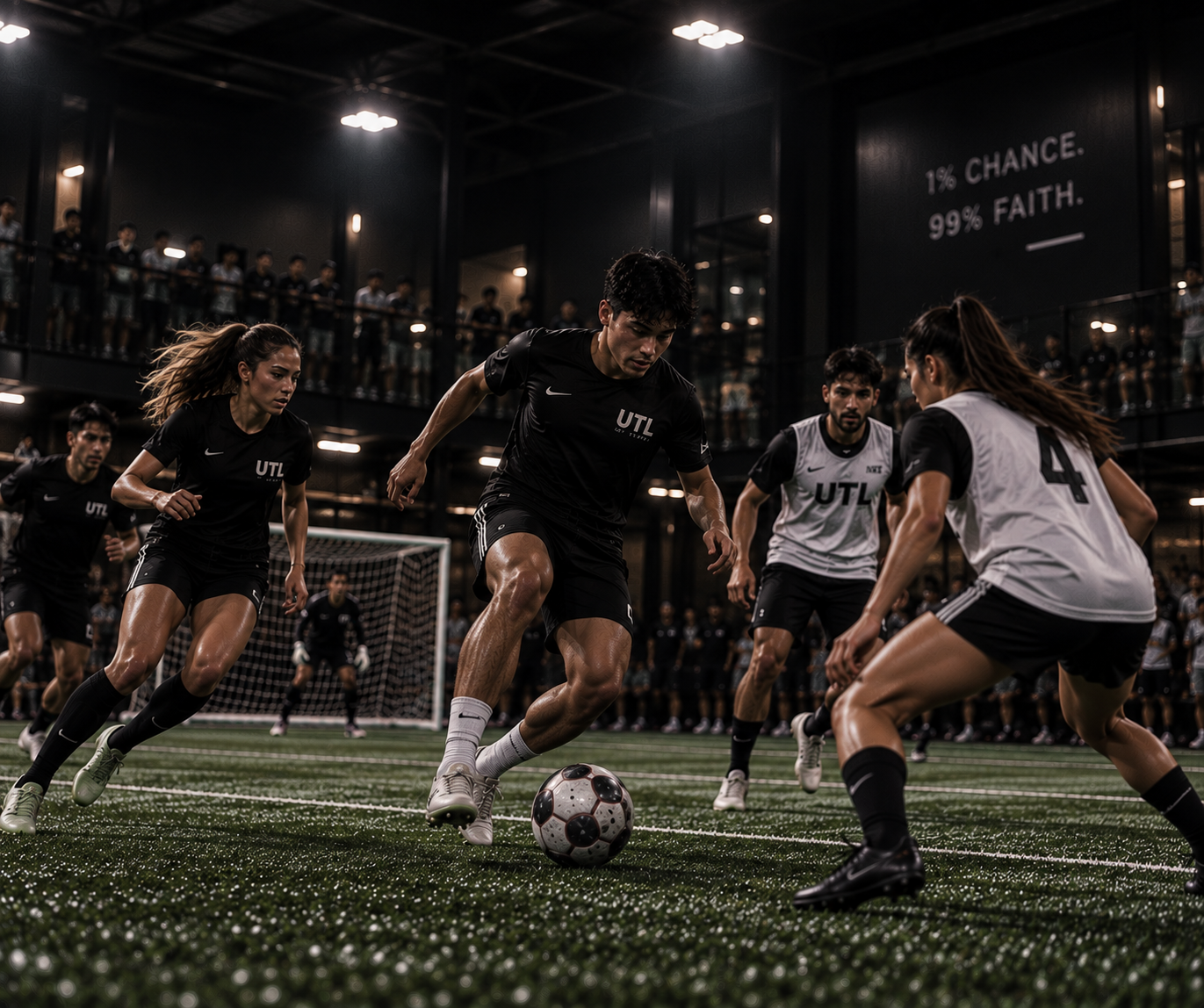 Coed soccer players competing during an indoor match.