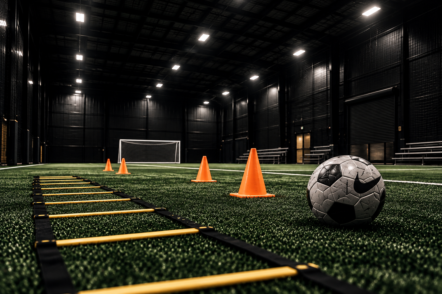 Indoor soccer training field set up with cones, agility equipment and soccer balls.