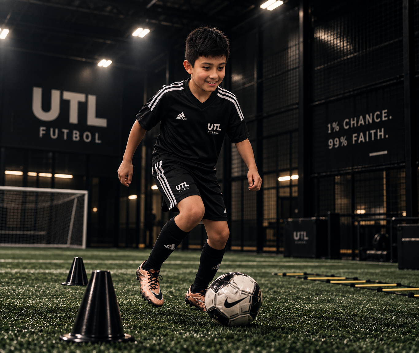 Youth soccer player practicing dribbling through cones during indoor training.