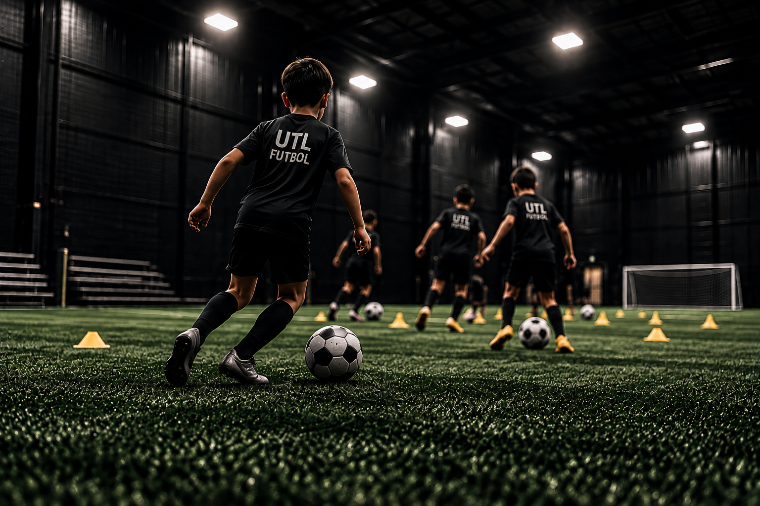 Youth soccer players practicing drills during an indoor group training session.