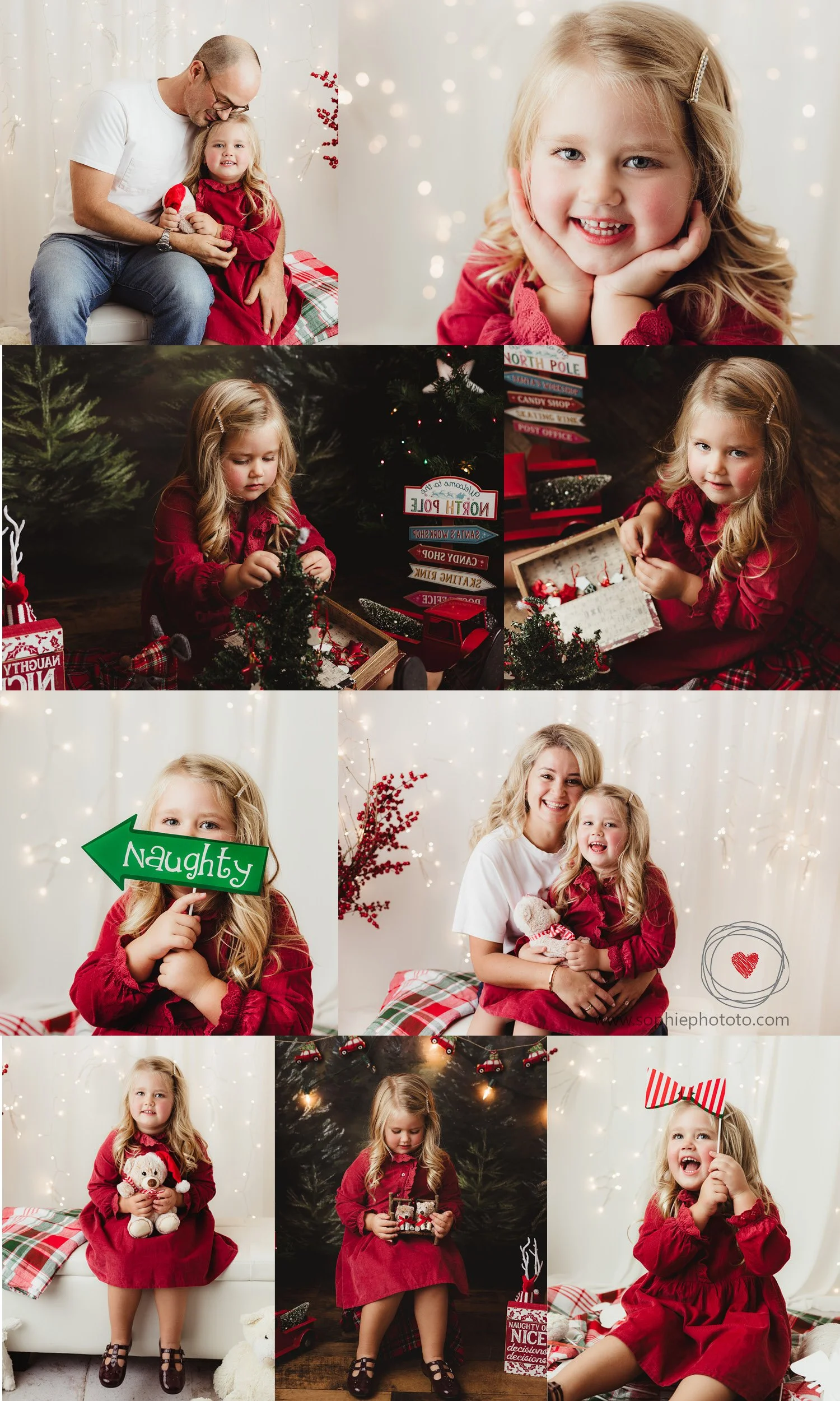 little girl decorating xmas tree and posing for holiday photos with her parents with velvet red dress