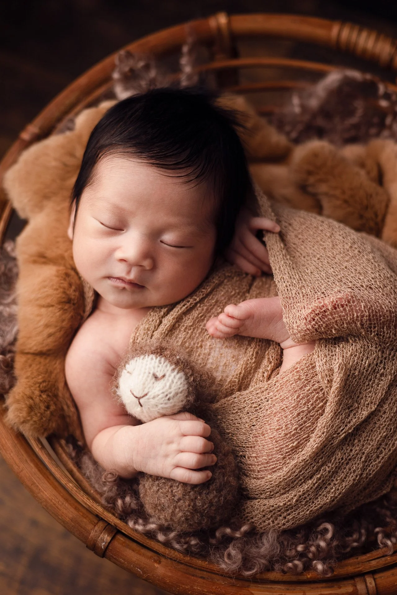 older newborn boy wrapped in a beige wrap all curled up in a round basket holding a small stuffy. All of these props and wraps are available in our Cordova Bay newborn studio.