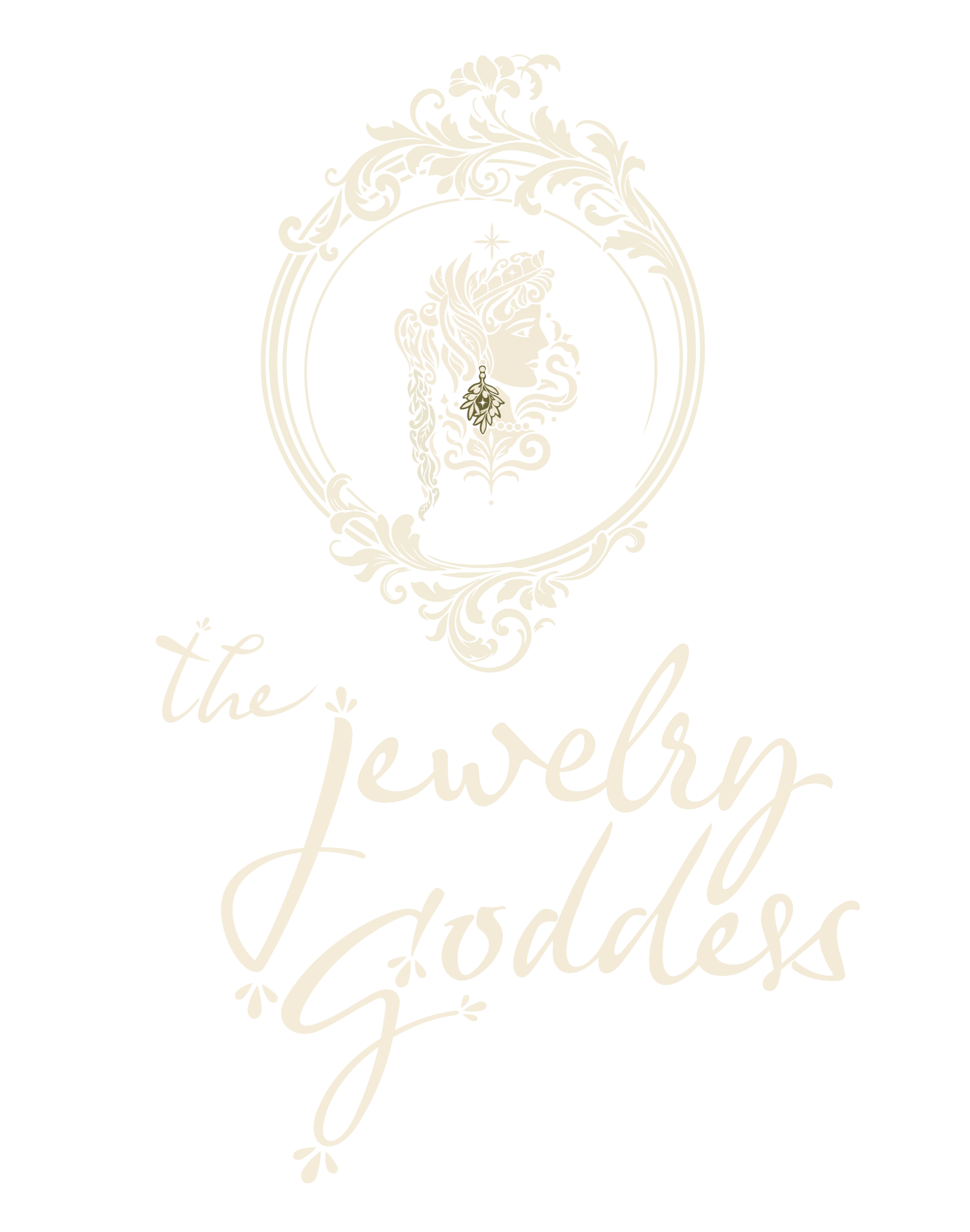 Vintage cream-colored emblem of a woman’s profile surrounded by ornate floral scrollwork, with the text “The Jewelry Goddesses” on a black background.