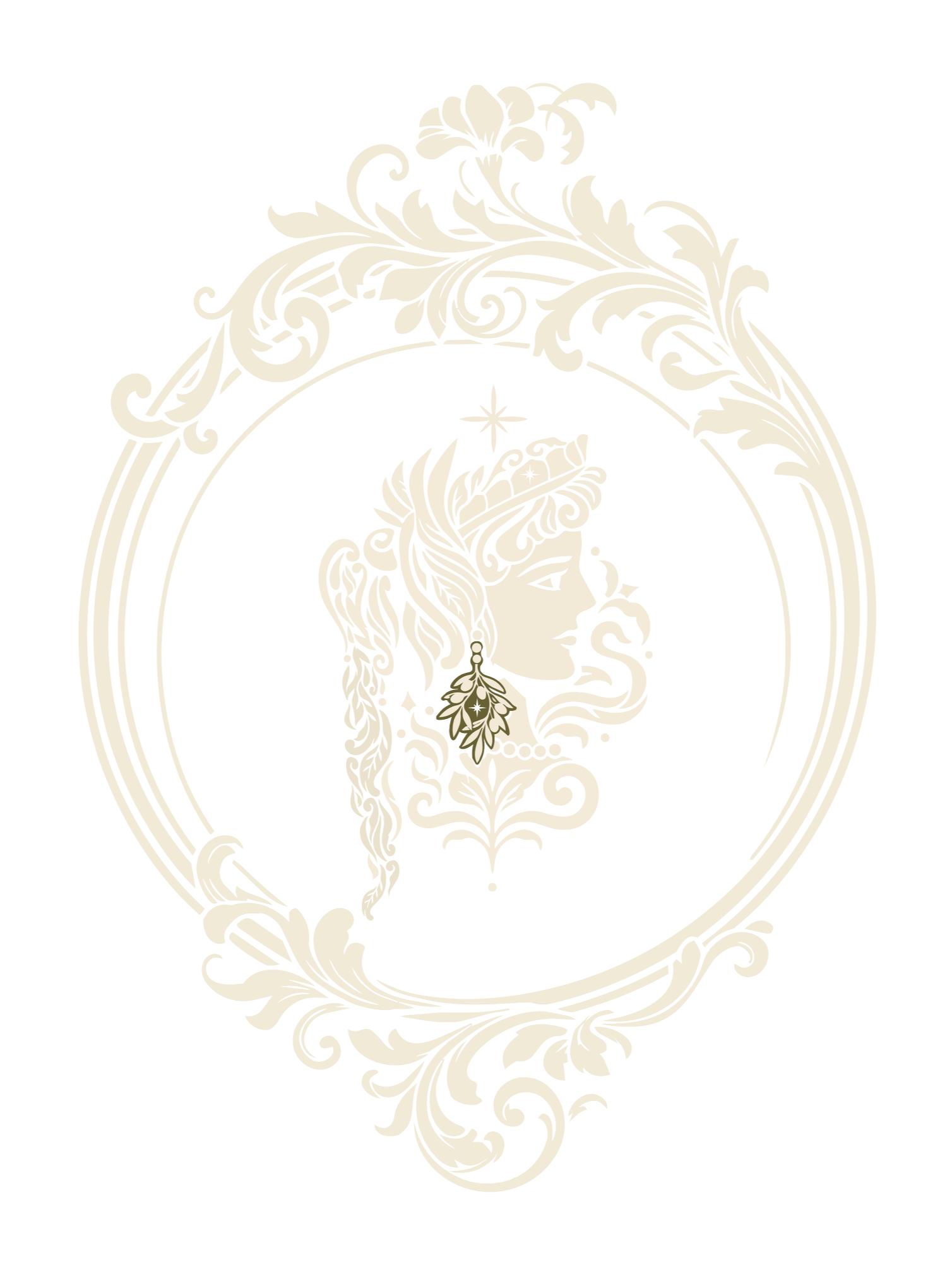 Ornate vintage-style portrait frame featuring a profile of a woman with floral decoration, set against a black background.