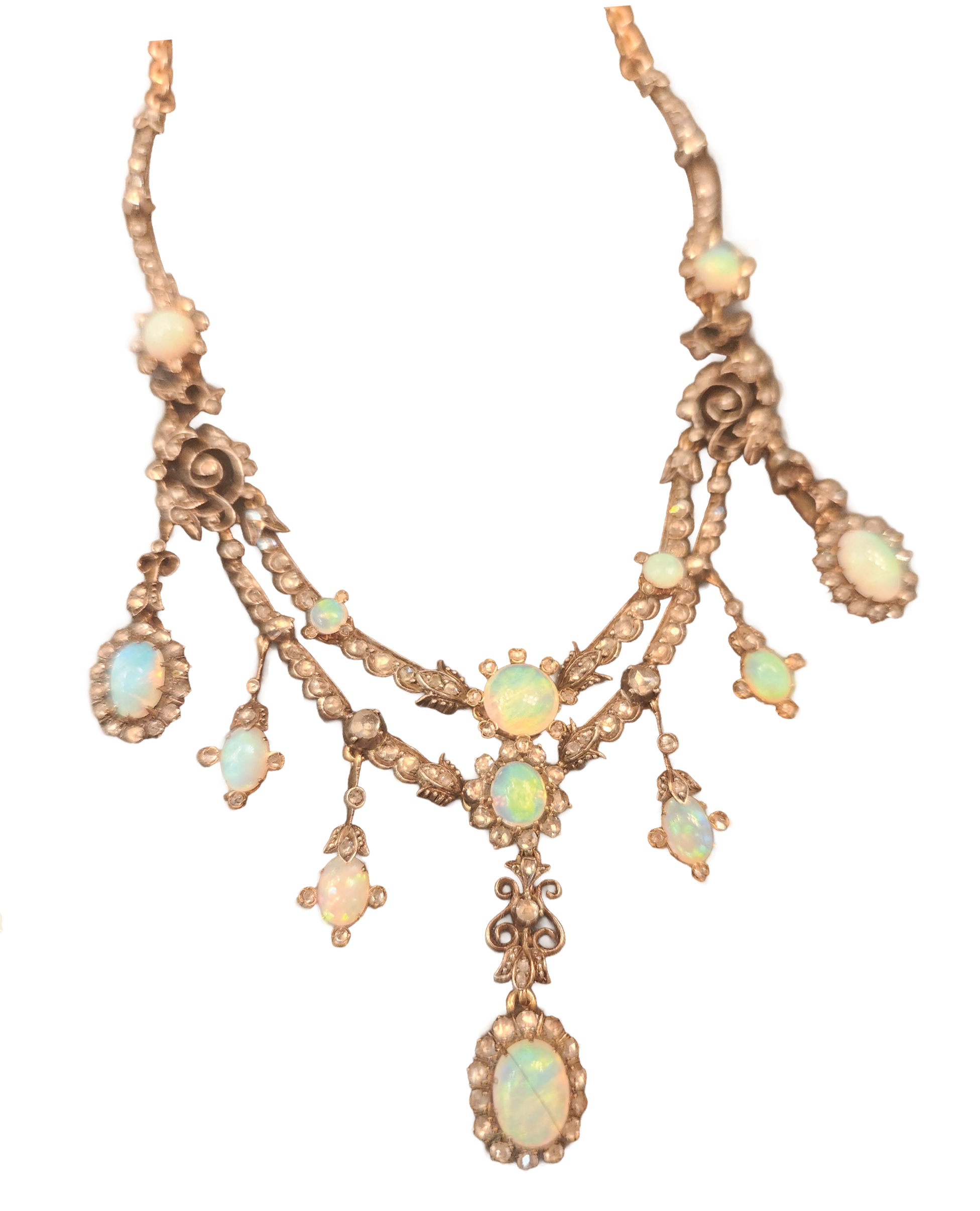 Jewelry set consisting of a necklace, earrings, and a bracelet made of gold and opal stones, displayed on a black background.