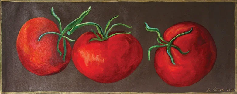 Tomatoes on brown canvas runner