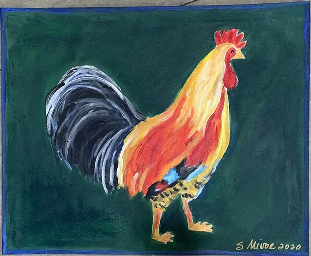 A colorful painting of a rooster with a yellow body, red comb, and black tail feathers on a green background, signed by S. Miroe in 2020.