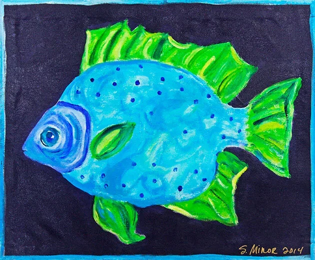 Colorful painting of a blue fish with green fins and tail against a dark background.