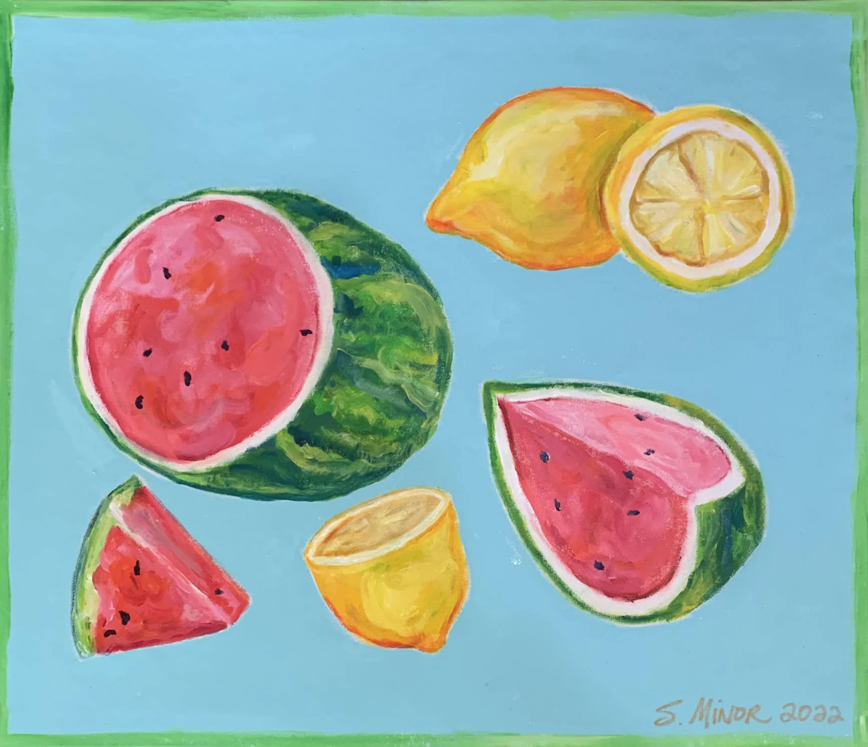 Watercolor painting of various sliced fruits including watermelon, lemon, and orange on a blue background.