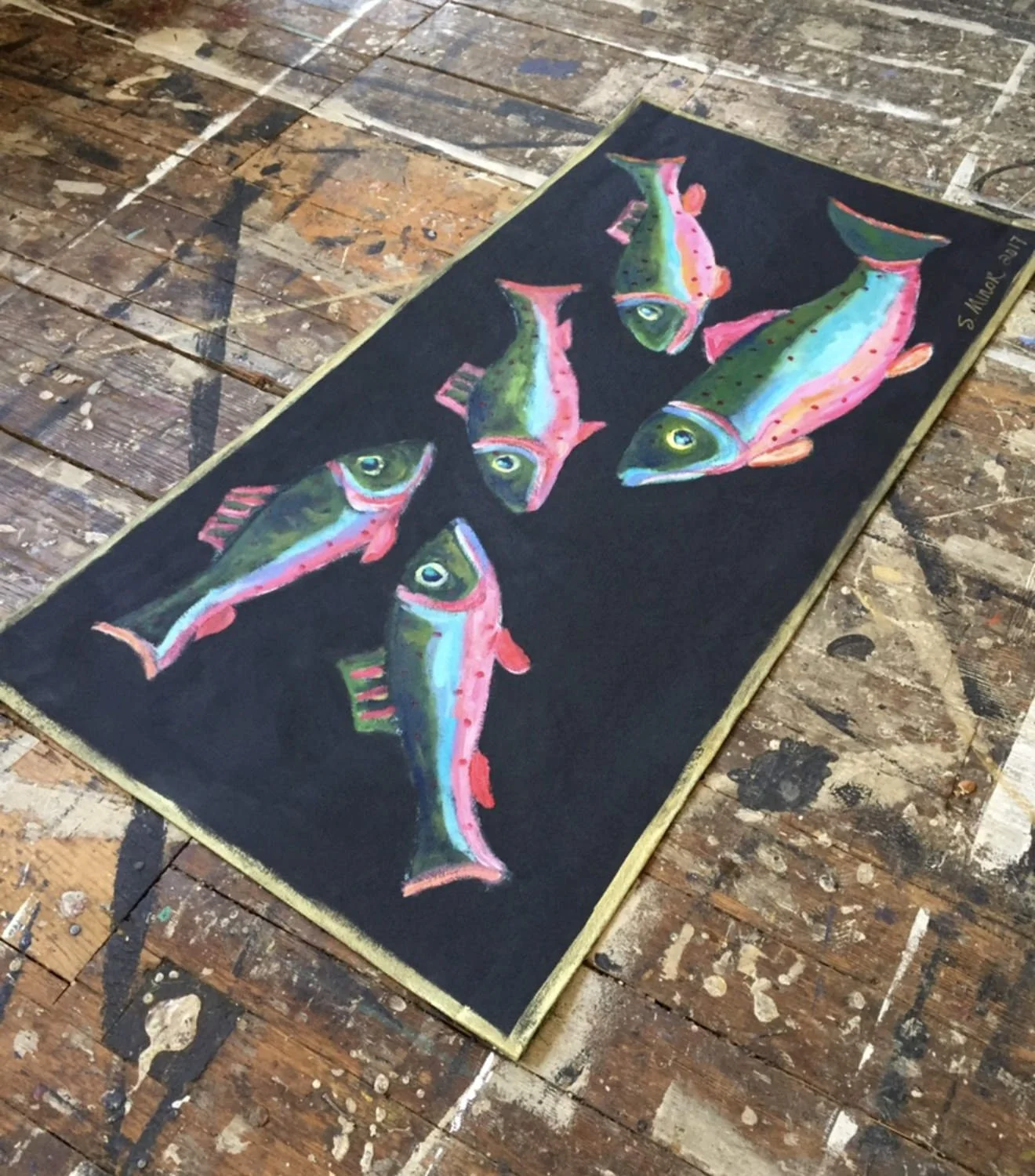 Hand-painted canvas runner of trout on black background