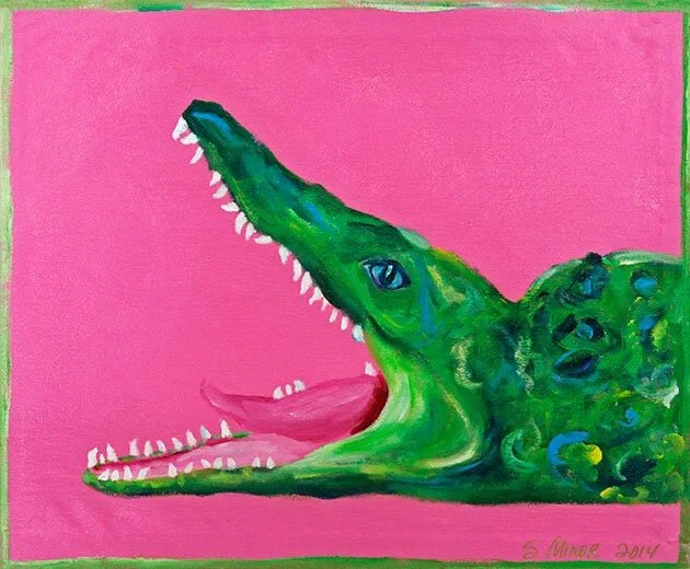 Painting of a green crocodile with an open mouth against a pink background with a green border.