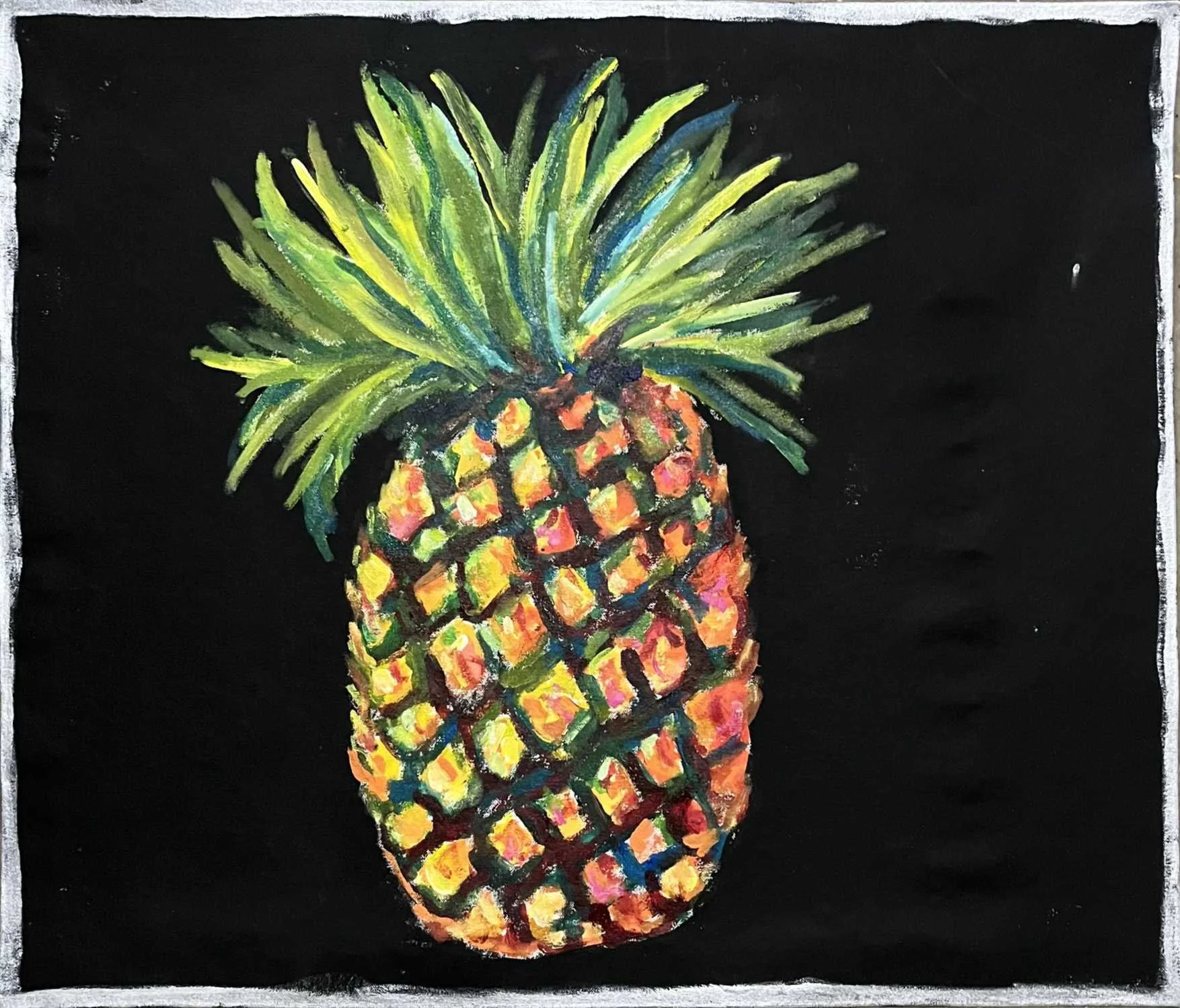 Colorful painting of a pineapple on a black background.